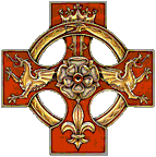 Nicholas de Vere's logo. A red Celtic cross with Dragon, crown, and fleur-de-lis motifs.