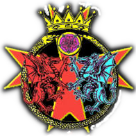 A red maltese cross with a red dragon and a blue or white dragon facing each other under a heraldic red rose and gold crown, encircled by an Ouroboros